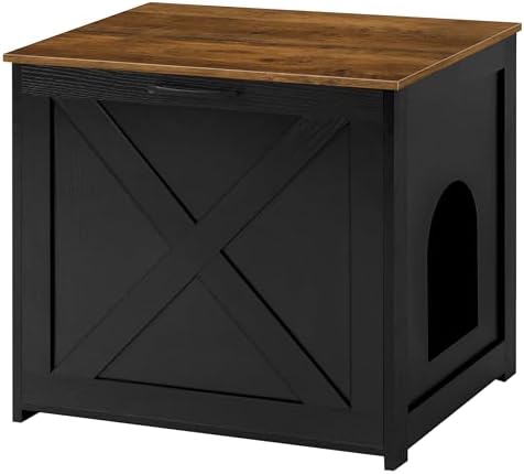 Dwanton Cat Litter Box Furniture Hidden, Cat Litter Box Enclosure, Reversible Entrance Can Be on Left or Right Side, Indoor Cat Box Cabinet, Wooden Cat Washroom, End Table, Black and Warm Brown