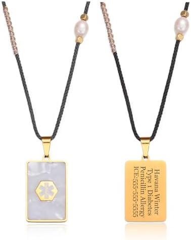 Medical Alert Necklace for Women Shell & Gold-Tone Stainless Steel Emergency ID Tag Pendant Necklace for Girls Custom Engraved Medical Alert Jewelry