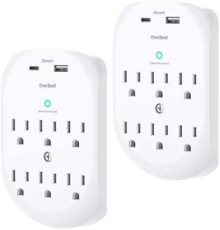 2 Pack Surge Protector Outlet, Multi Plug Outlet Adapter with 6 Wall Outlets 2 USB Wall Charger (1 USB C Port), Wall Outlet Extender, Multiple Outlet Wall Plug Splitter for Home Office Dorm Room