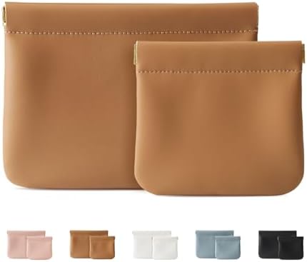 2 Pack Small Makeup Bag for Women, New Organosilicon Super Fiber Leather Mini Cosmetic Bag for Travel, Coin Purse Organizer Storage Pouch (Brown)