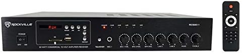 Rockville RCS80-1 60 Watt 70V Commercial Amplifier, Bluetooth, 2 Mic Inputs Perfect for Restaurants, Bars, Cafés, Schools, Conference Rooms, Lounges