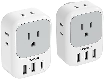 2 Pack Multi Plug Outlet Extender with USB, TESSAN Electrical 4 Box Splitter 3 USB Wall Charger, Multiple Charging Station for Cruise, Travel, Office, Dorm Essentials