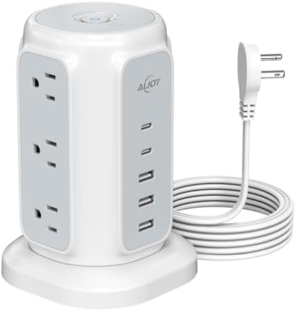 Flat Plug Power Strip Tower with 9 Outlets and 5 USB Ports (2 USB C), AiJoy 1200J Surge Protector Tower with 6.5 Feet 1625W/13A Extension Cord with Multiple Outlets for Home Office Dorm