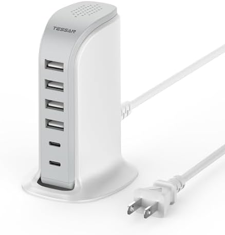 USB Charging Station for Multiple Devices, TESSAN USB C Charger Block for iphone13/14/15, Tablet, Earphone with 6 Ports Charging Tower for Home Office Travel Accessories