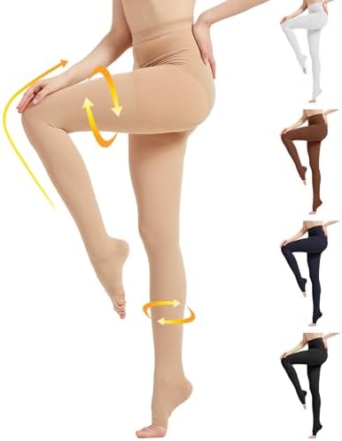 MGANG Medical Compression Pantyhose for Women & Men, 15-20mmHg Graduated Compression Support Tights, Open Toe, Opaque Waist High Compression Stockings for Edema, Varicose Veins, Flight, DVT, Beige XL