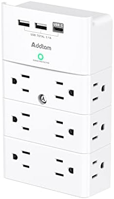 Multi Plug Outlet - Addtam Surge Protector Wall Mount with 12 Outlet Extender- 3 Sides and 3 USB Ports (1 USB-C), Outlet Splitter Power Strip for Home, Office, Hotel, White