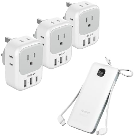 US to UK Plug Adapter 3 Pack, TESSAN Type G Travel Plug with 4 Outlets 3 USB Ports(1 USB C) with Portable Phone Charger with Built in Cables, 10000mAh Power Bank Fast Charging
