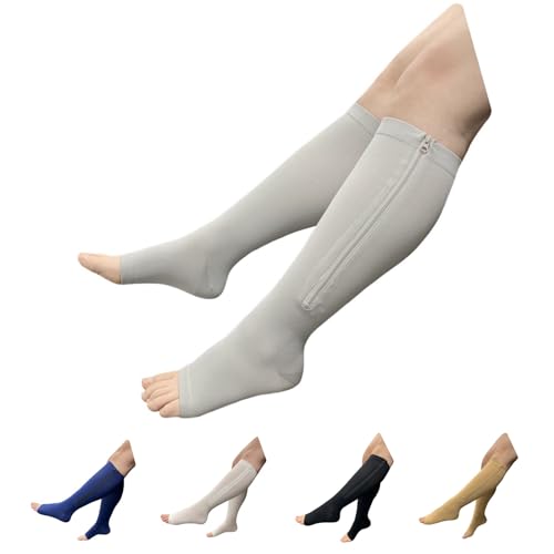 Seniors Care 15-20 mmHg Zipper Compression Leg Calf Open Toe Socks (Gray, 4X-Large)