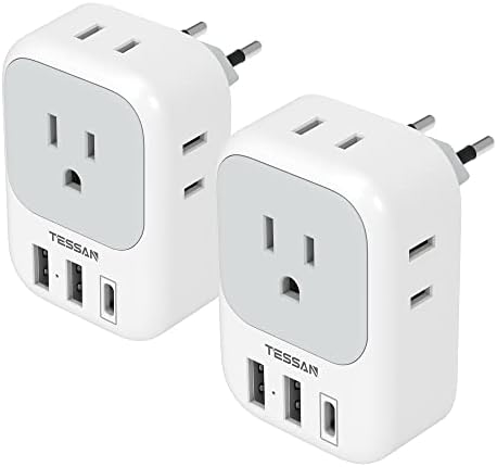 2 Pack European Travel Plug Adapter USB C, TESSAN US to Europe Plug Adapter with 4 Outlets 3 USB Charger, Type C Power Adaptor to Italy Spain France Portugal Iceland Germany, White Gray
