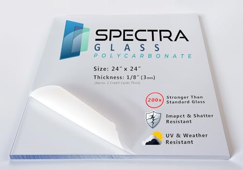 24" x 24" (1/8" Thick) Spectra Glass Clear Polycarbonate Lexann Plastic Sheet. Stronger Than Plexiglass. UV Coating. Impact & Weather Resistant. Sizes Nominal Cut Within +-1/8". Made in USA