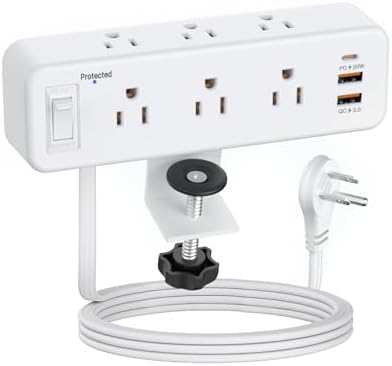 Desk Clamp Power Strip with PD 20W USB C, Desktop Edge Mount Surge Protector with 6 Outlet, Table Socket with Switch, 6 ft Flat Plug Slim Extension Cord, Fit 1.8 inch Tabletop Thick