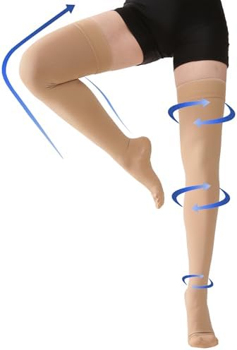 Thigh High Compression Stockings Closed Toe for Men & Women, Opaque, KEKING 15-20mmHg Graduated Compression Leg Support Hose with Silicone Band - Swelling, Varicose Veins, Edema, DVT, Beige Medium