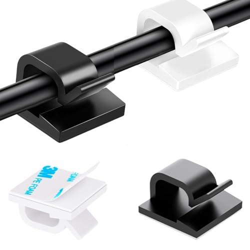 [100Pcs] Adhesive Cable Clips (Small, White&Black) Under Desk Cable Management Clips - Strong Cord Organizer Clips Wall Wire Holder - Light Clips Hooks for LED, Car Dash Cam, USB Cable
