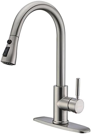 WEWE Single Handle High Arc Brushed Nickel Pull Out Kitchen Faucet,Single Level Stainless Steel Kitchen Sink Faucets with Pull Down Sprayer,Suitable for Laundry Rv Bar