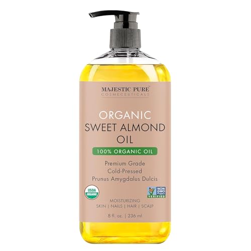 Majestic Pure USDA Organic Sweet Almond Oil | 100% Pure & Natural Cold Pressed Oil Sweet Almond Oil for Skin, Face, Nails, Hair, Scalp & Massage | 8fl oz