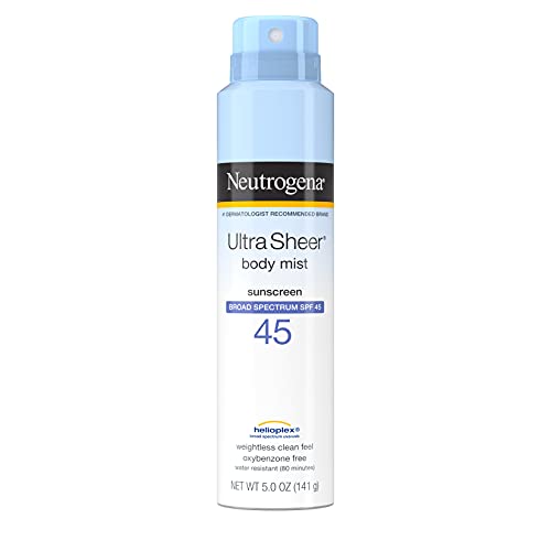 Neutrogena Ultra Sheer Body Mist Sunscreen Spray Broad Spectrum SPF 45, Lightweight, Non-Greasy & Water Resistant, Oil-Free & Non-Comedogenic UVA/UVB Sunscreen Mist, 5 oz, 3 Pack