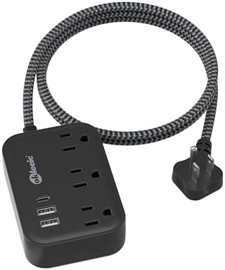 Flat Plug Power Strip with USB C Ports, Black Extension Cord 5FT with 3 AC Outlets 3 USB, Short Extension Cord Outlet Extender with No Surge Protector for Cruise Ship, Dorm Room Travel Essentials