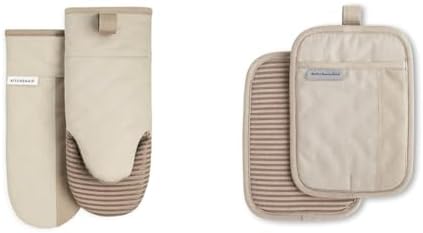 KitchenAid Beacon Two-Tone Non-Slip Oven Mitt Set, Milkshake/Beige, 5.75"x13", 2 Piece & Beacon Two-Tone Non-Slip Pot Holder Set, Milkshake/Beige, 7"x10", 2 Piece