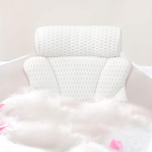 Bath Pillow for Tub, Bathtub Spa Pillow with Neck Head Back Support, Bath Cushion 5D Air Mesh Breathable Bath Pillow for Hot Tub with 6 Strong Suction Cups,Bath Tub Accessories Luxurious, White