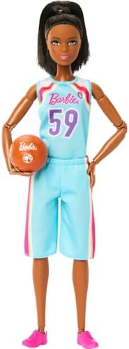 Barbie Careers Fashion Doll & Accessories, Made to Move Brunette Basketball Player Wearing Removable Uniform with Ball, 22 Bendable Joints