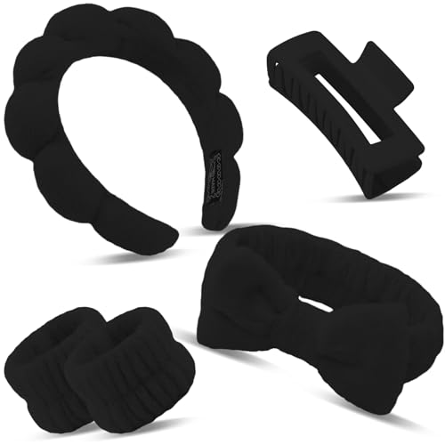 Canitor Sponge Spa Headbands Wristband Set with Hair Clips Skincare Headbands for Washing Face Non Slip Puffy Terry Cloth Makeup Headband Face Wash Wrist Bands Cute Trendy Stuff (black)