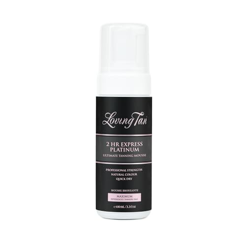 Loving Tan Platinum 2 HR Express Mousse, Darkest Shade Yet - Streak Free, Professional Strength Sunless Tanner - 5+ Self Tan Applications per Bottle, Cruelty Free, Naturally Derived DHA, 3.3 Fl Oz
