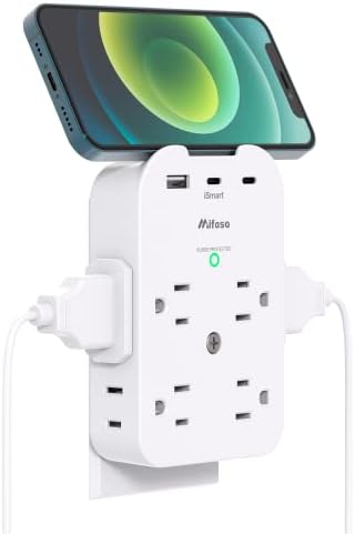 Mifaso Outlet Extender - Wall Surge Protector with 8 Outlets 3 USB 2 USB C, 1 USB A Multi Plug Outlet Splitter, Wall Mount Adapter with Top Phone Holder for Home, School, Office 1800 Joules