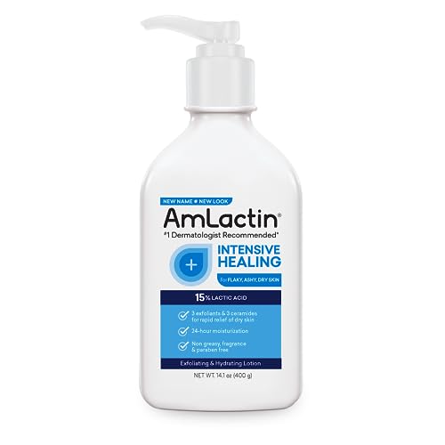 AmLactin Intensive Healing Body Lotion for Dry Skin, 14.1 oz Pump Bottle, 2-in-1 Exfoliator & Moisturizer with Ceramides & 15% Lactic Acid for Relief from Dry Skin (Packaging May Vary)