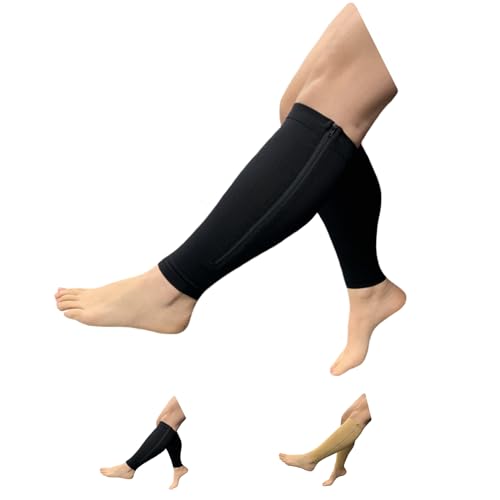 Seniors Care Footless 15-20 mmHg Compression Shin Calf Leg Men Women 1 Pair Zipper Sleeves (Black, 4X-Large)