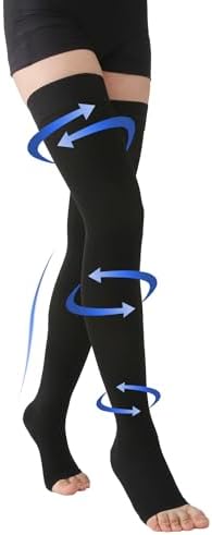 Thigh High Compression Stockings Toeless - Unisex, Opaque, KEKING 15-20mmHg Graduated Compression Leg Support Hose with Anti-Slip Silicone Band - Swelling, Varicose Veins, Edema, Travel, Black Large