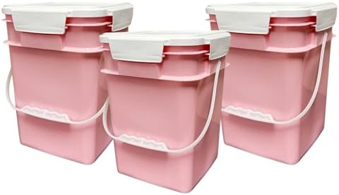 House Naturals 4 Gallon Square Food Grade Bucket Pail with Plastic Handles and Lid (Pack of 3) Made in USA containers (Pink - White lids)