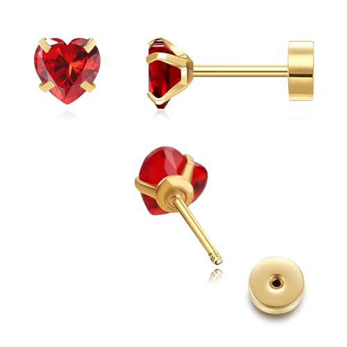 Red Heart Flat Back Stud Earrings Hypoallergenic as Prom Jewelry for Her, Red Nap Cartilage Earring for Women, 18k Gold Surgical Steel Earrings as Christmas Gifts for Wife, 1 pair