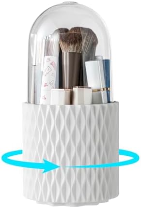 Makeup Brush Holder Organizer - 360° Rotating Makeup Brush Organizer 5 Slot Make up Brushes Cup for Cosmetics, Lipsticks, Art Supply, Bathroom Vanity Desktop Storage (White with cover)