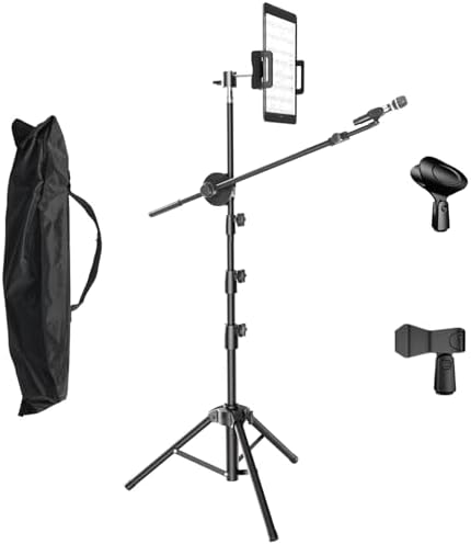 Kereal Microphone Stand Floor Boom Mic Stand with 360° Ball Head Tablet Holder, Two Mic Clips for Singing, Portable Mic stands Adjust Hight From 17” to 83” for Studio, Stage, Karaoke, DJ, Kids