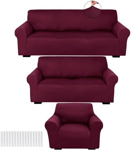 Peryiter 3 Pcs Slipcover Set for Couch Furniture Covers for Sofa Loveseat Couch Arm Chair, Form Fit Stretch, Wrinkle Free, Furniture Protector(Burgundy,Milk Silk Spandex)