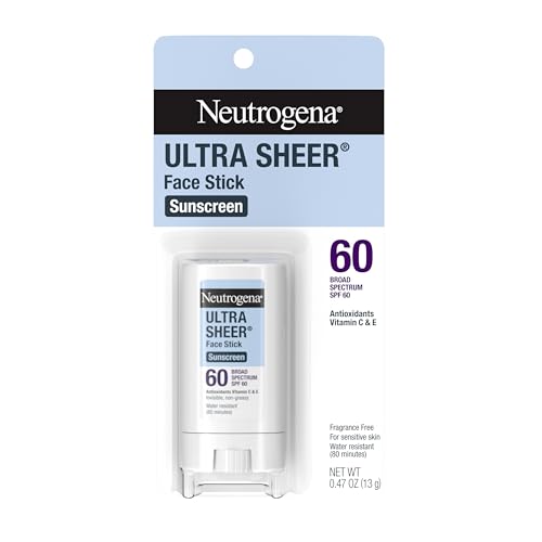 Neutrogena Ultra Sheer SPF 60 Face Sunscreen Stick, Water Resistant Facial Stick with Broad Spectrum SPF 60 Protection for Sensitive Skin, Mini Travel Sunscreen, Oxybenzone-Free, .47 oz