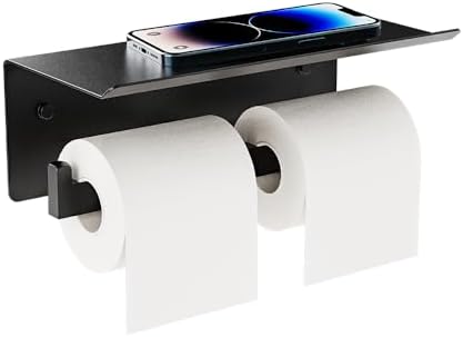 Double Toilet Paper Holder with Shelf, FreshGlow Tissue Holder Matte Black, Wall Mount Commercial Toilet Paper Dispenser Phone Shelf Stainless Steel, Tissue Roll for Bathroom