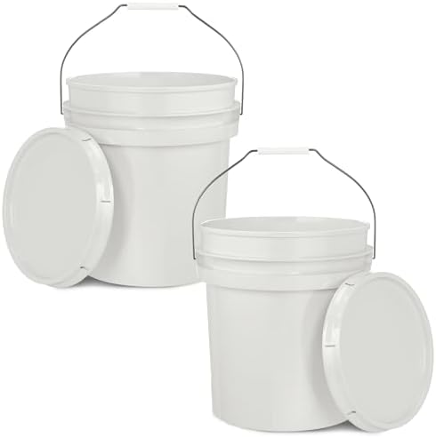 EconoHome 5-Gallon White Bucket Pail Container with Lid | Metal Handles with Plastic Grip for Easy Carrying | Easy Stack and Store | Heavy-Duty Extra Durable | Food Grade | BPA Free - 2 Pack