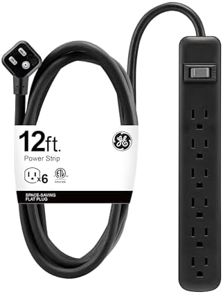 GE 6-Outlet Power Strip, 12 Ft Extension Cord, Flat Plug, Grounded, Integrated Circuit Breaker, 3-Prong, Wall Mount, ETL Listed, Black, 45192