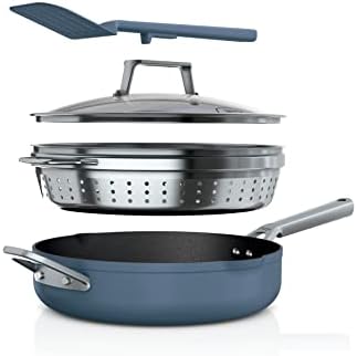 Ninja, Cookware, Steamer, Strainer Basket, Glass Lid and Spatula, Foodi NeverStick PossiblePan, Premium Set with 4-Quart Capacity Pan, Nonstick, Durable, Oven Safe Cookware, Cherry Tart, CW102BL