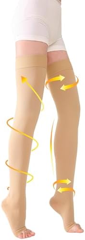 TOFLY® Thigh High Compression Stockings for Women & Men (Pair), Open Toe, Opaque 20-30 mmHg Graduated Compression Hose, Medical Compression Stockings for Varicose Veins, Edema, DVT, Travel,Beige 4XL