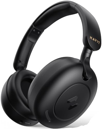 havit H655BT Hybrid Active Noise Cancelling Headphones for Airplane Travel, Wireless Over Ear Bluetooth Headphones, 76H Playtime, Hi-Res Audio, Super Bass via App, 5 Mic for Noise Cancelling