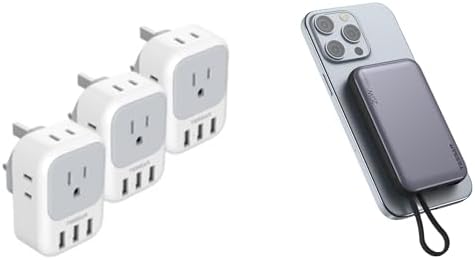TESSAN US to UK Plug Adapter 3 Pack, Type G Travel Converter with 4 Electrical Outlet 3 USB Charger, Magnetic Portable Charger 10000mAh, Battery Pack for iPhone 15/14/13/12/Mini/Pro/Pro Max