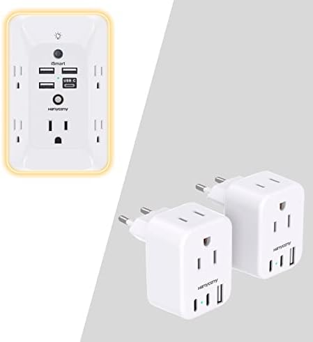 HANYCONY Outlet Extender with Night Light and 2 Pack European Travel Plug Adapter