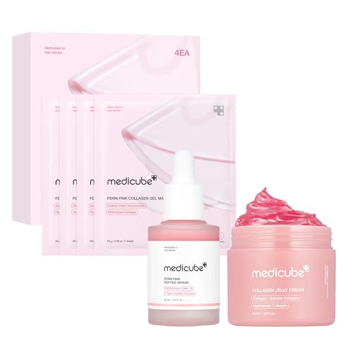 medicube Pink Glass Glow Skin Trio - Salmon DNA PDRN pink collagen jelly gel mask (4ea) + PDRN Pink Peptide Serum, Pink glow serum 50ml +Collagen Jelly Cream-50ml