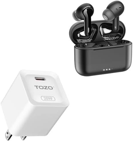 TOZO NC2 Bluetooth Wireless Earbuds Black +C1 USB C 20W PD Power Adapter Fast Wall Charger Type C White