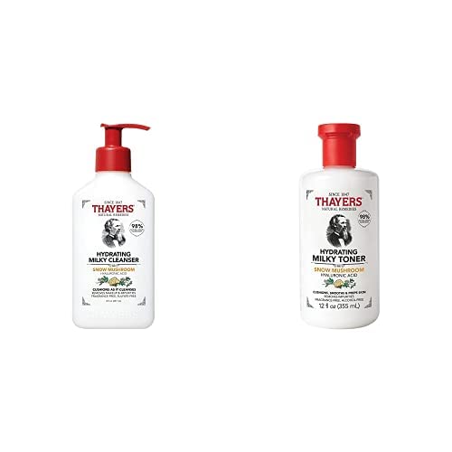 Thayers Milky Face Cleanser 8 FL Oz + Thayers Milky Toner 12 FL Oz with Snow Mushroom and Hyaluronic Acid, Dermatologist Recommended Hydrating Skincare for Dry and Sensitive Skin Bundle
