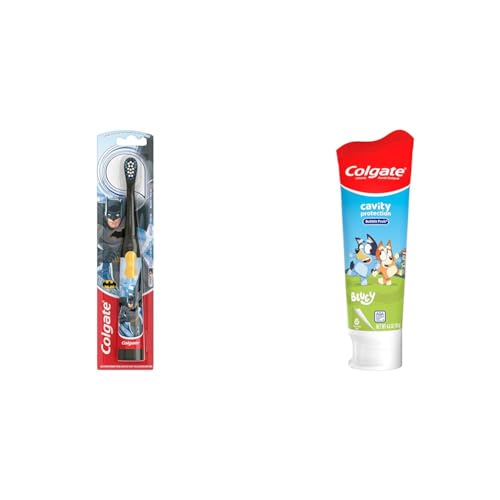 Colgate Kids Battery Powered Toothbrush, Batman, Extra Soft Toothbrush, Ages 3 and Up, 1 Pack, Colors May Vary & Kids Bluey Toothpaste with Fluoride, Fights Cavities, Mild Fruit Flavor, Sugar Free