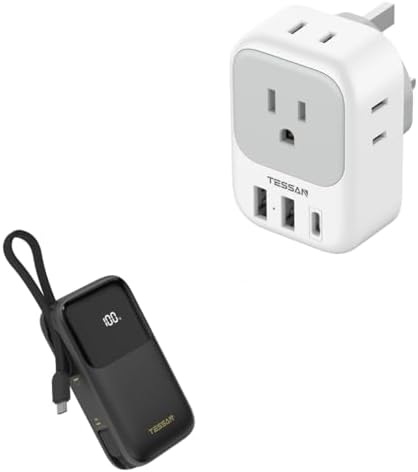 US to UK Plug Adapter, TESSAN Type G Travel Converter with 3 USB Charger(1 USB C Port), 4 Outlets Power Adaptor for USA to Qatar Ireland Hong Kong England Scotland Kenya with Portable Battery Pack