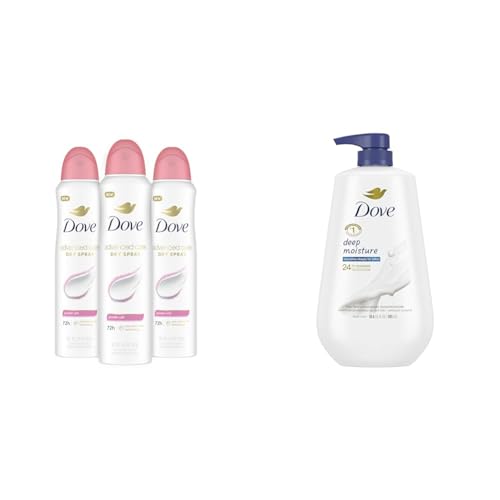 Dove Advanced Care Antiperspirant Deodorant Spray Powder Soft 3 Count and Deep Moisture Body Wash with Pump For Dry Skin 30.6 oz Bundle